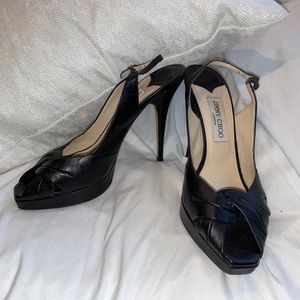 Jimmy Choo Black Leather Twist Peep-Toe Slingback